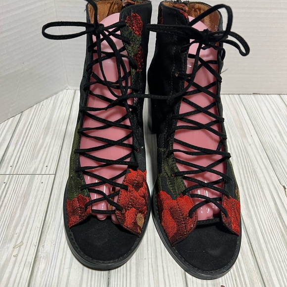 Jeffery Campbell black/red open toe tie up boots size 10 floral heels - Picture 4 of 9